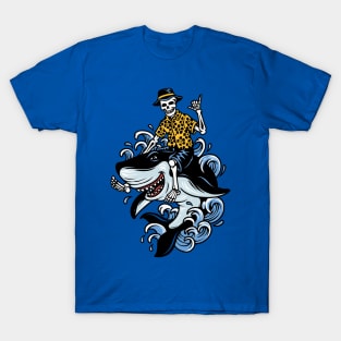 Shaka Sign Skelton Riding Shark T-Shirt